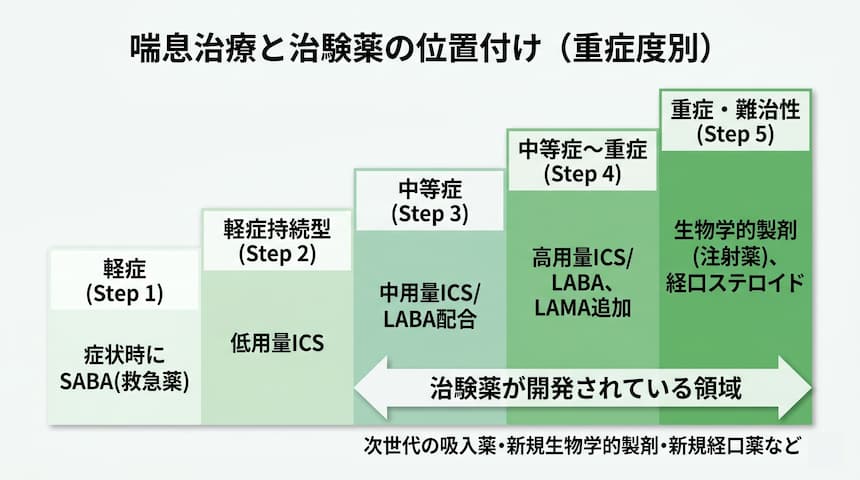 喘息治療と治験薬の位置付け(重症度別):軽症から重症までの治療ステップと、治験薬が開発されている領域を整理した図