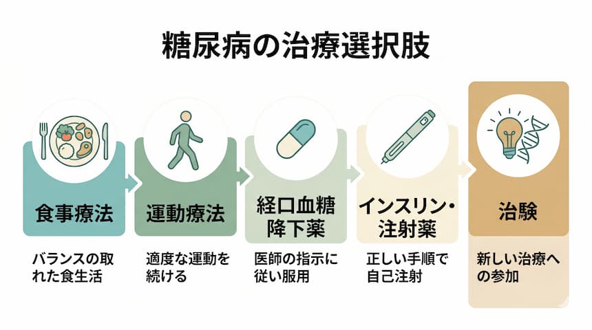 糖尿病の治療選択肢マップ:食事療法・運動療法・経口薬・インスリン・治験の5つの位置づけ
