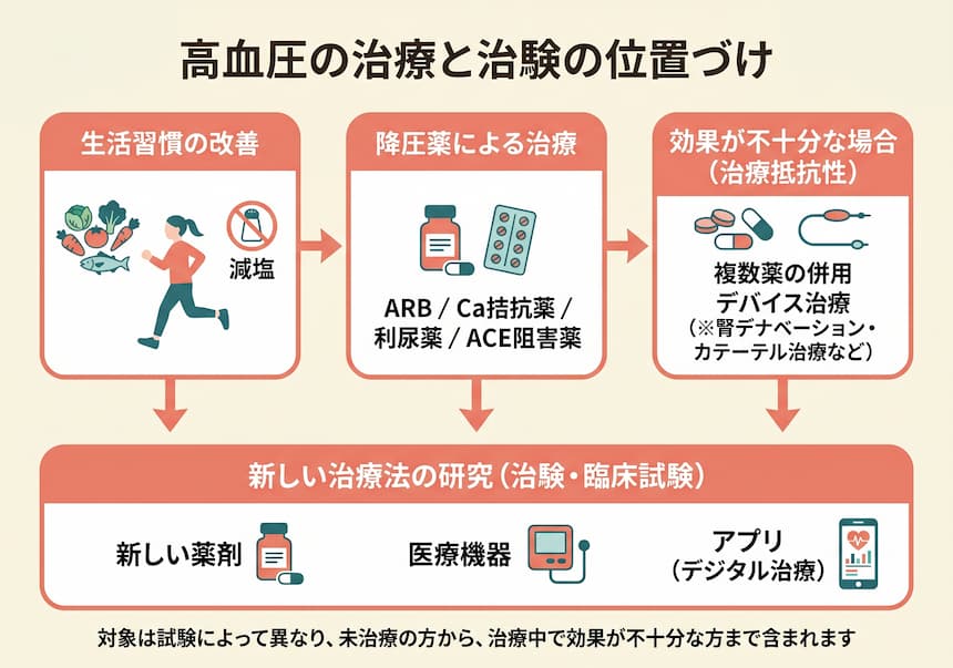 高血圧の治療選択肢と治験の位置づけを示す図